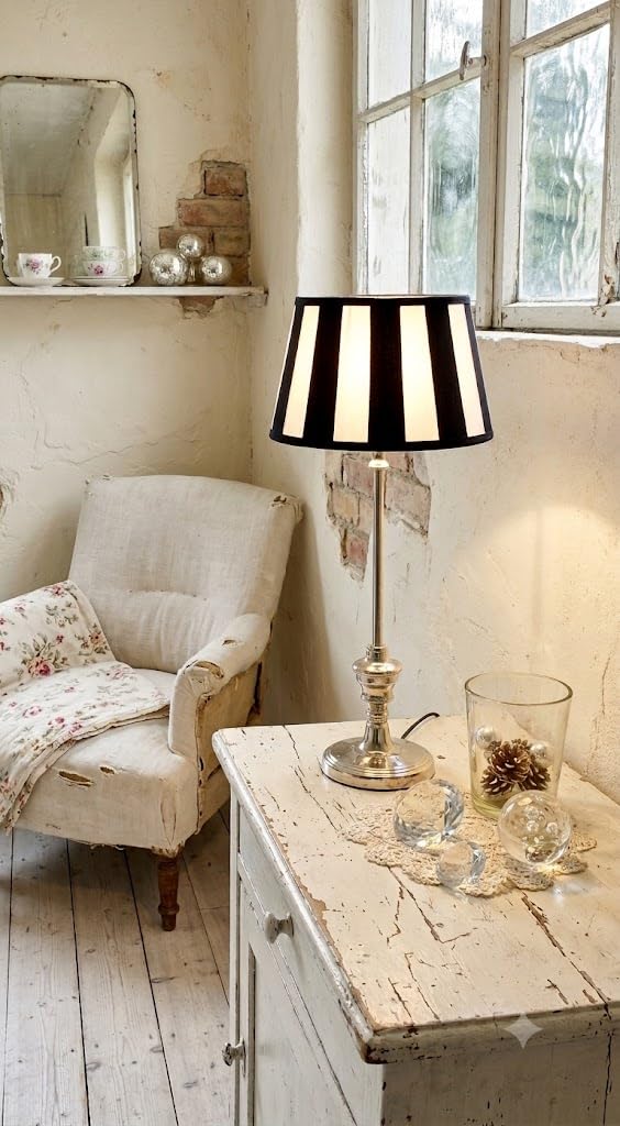 klassische Kaminleuchte/Simsleuchte/Tischlampe DORSET, rund* Nickel hochgänzend mit Chintzschirm *rund* (creme/schwarz) 20cmx15cm, Höhe mit Schirm 465mm/ o. LEUCHTMITTEL/WEEE-Reg.-Nr.DE61240014