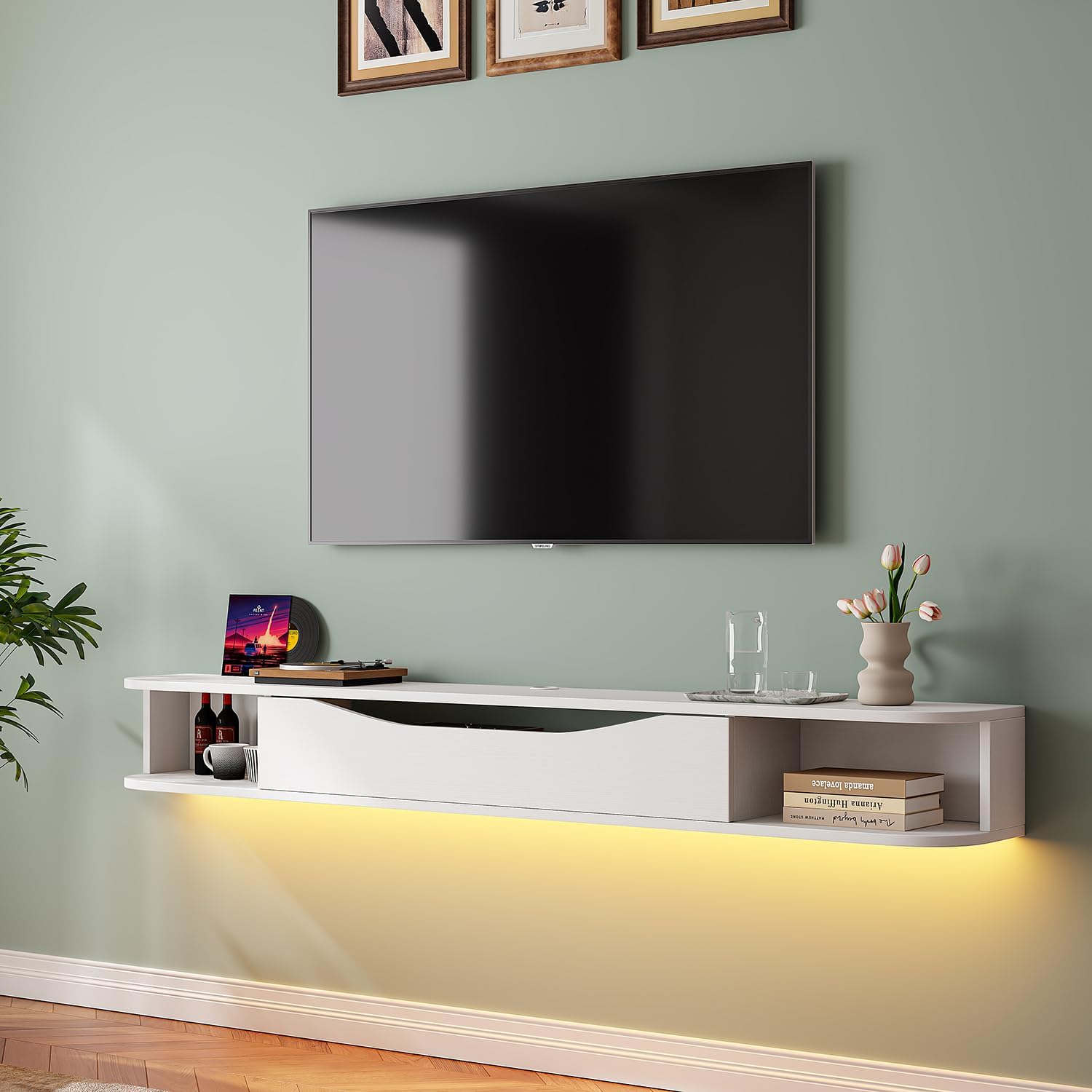 FurniNova Floating TV Stand,70'' Wall Mounted TV Cabinet,Floating TV Console,Under TV Shelf with 1 Door and 2 Cabinets for TVs up to 75''(White) - Image 4