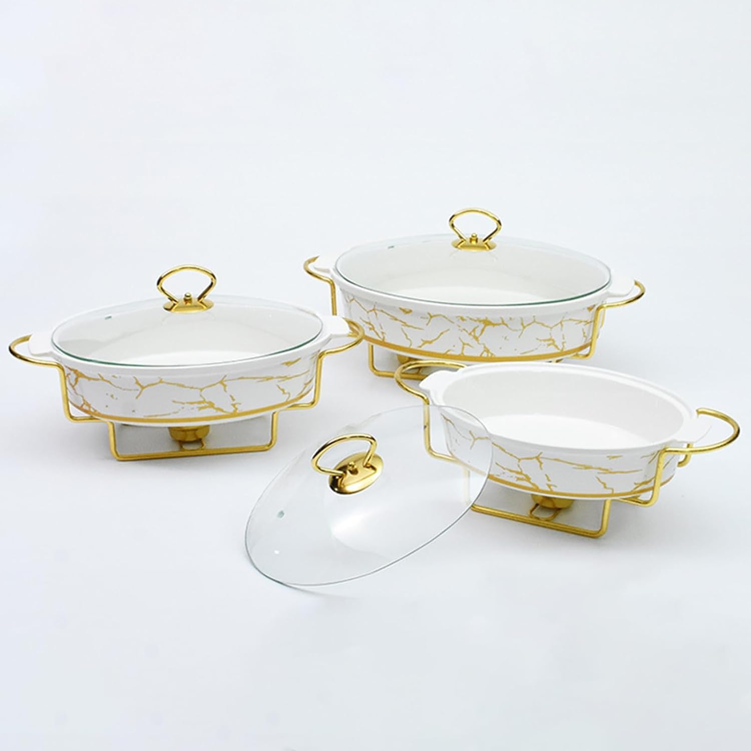 Elegante Juego De Calentadores De Cerámica, con Acabado De Mármol, Tapas De Vidrio Y Detalles Dorados, Vajilla Duradera para Fiestas Y Eventos Gastronómicos. 2L