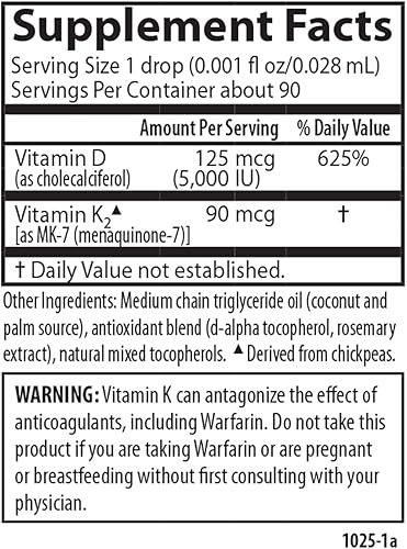 Miniatura 5 de Carlson - Super Daily D3 + K2, 125 mcg (5000 UI) de vitamina D3, 90 mcg de vitamina K2 como MK-7, soporte óseo, 90 gotas líquidas (0.1 fl oz)