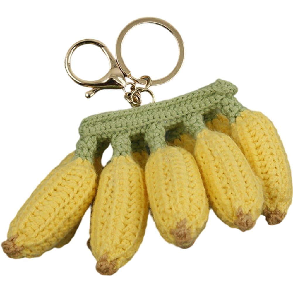 Fituenly Handmade Crochet Banana Keychain, Cute Woven Fruit Keyring Pendant, Creative Knitted Banana Backpack Decor