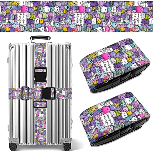 Image of Cute Cartoon Monster Luggage Straps 2 Pack - Colorful Doodle Character Suitcase Belts with Quick-Release Buckle, Fun Kids Travel Accessories, Gift