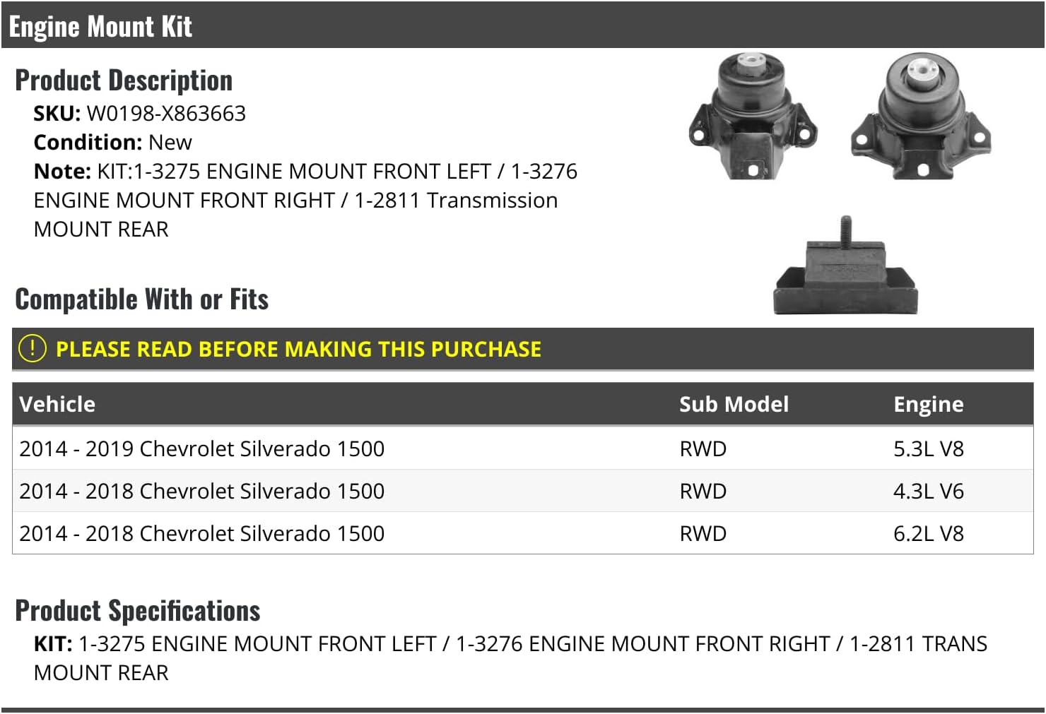 Engine Mount and Transmission Mount Kit - 3 Piece - Compatible with 2014-2019 Chevy Silverado 1500 2WD 4.3L 5.3L 6.2L