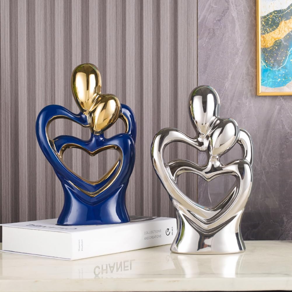 Statua in ceramica di coppia che abbraccia, statua di arte astratta moderna, scultura romantica di coppia astratta, per soggiorno, camera da letto, ufficio, ingresso, camino. (Argento A, Grande)