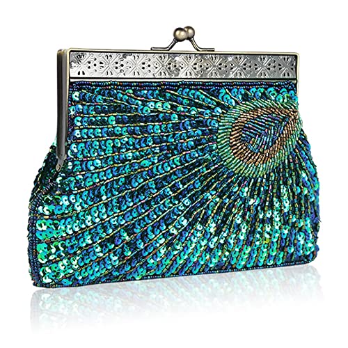 Sac de soirée vintage à paillettes bleu paon brodé de perles anciennes pour femme chic