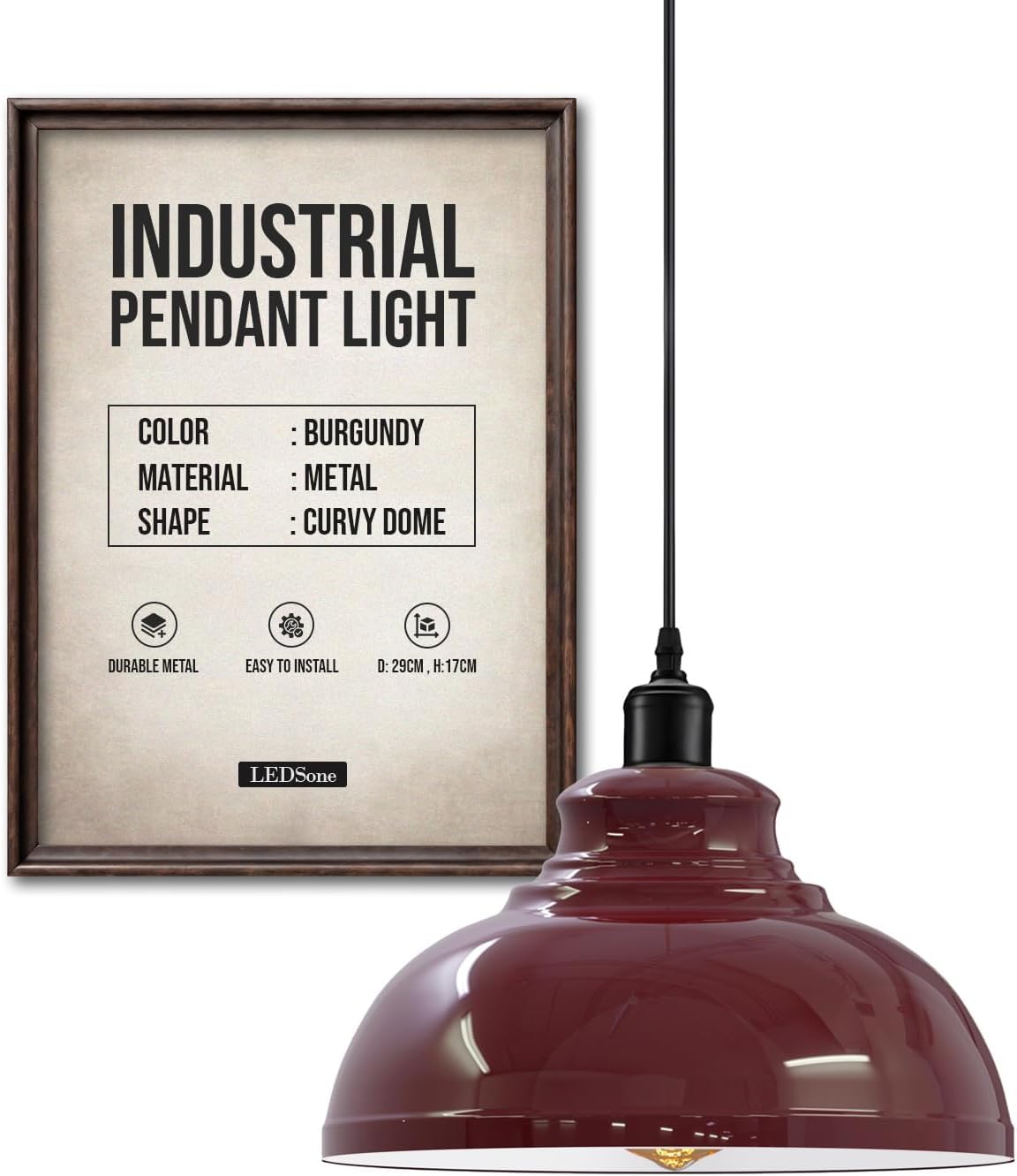 LEDSone Moderner Kronleuchter, Vintage-Hängelampenschirm, industrielle Hänge-Deckenbeleuchtung, ideal für Esszimmer, Bar, Clubs, E27-Sockel (Burgund)
