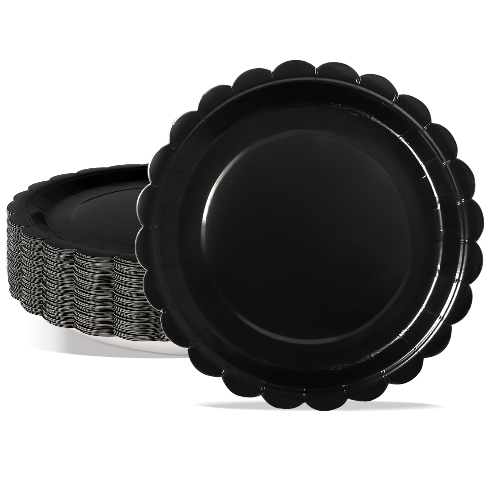 PYAILI Party Paper Plates, 50-Pack Disposable Black Scalloped Plates, Foil Polka Dots, 18 Centimetres-7 Inch