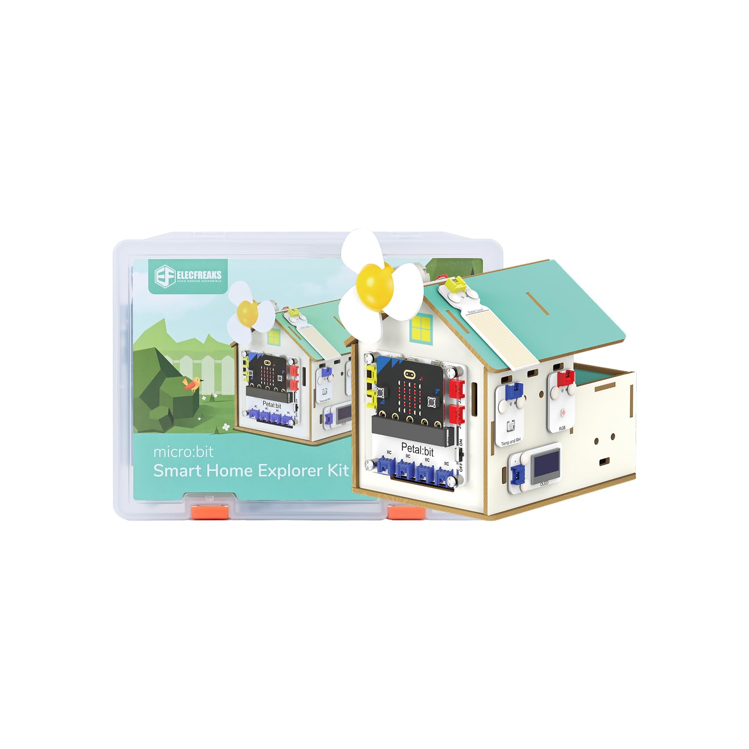 ELECFREAKS microbit Petal Smart Home Sensor Kit with Wood Building Home Material Pack, microbit Starter Kit Equipped with 7+ Distinctive Petal Sensors/Petal:bit Expansion Board(Not Include microbit)