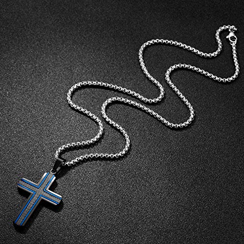 Men's Stainless Steel Cross Necklace,Two-Tone Black & Blue Carbon Fiber Pendant - Included Gift Box3