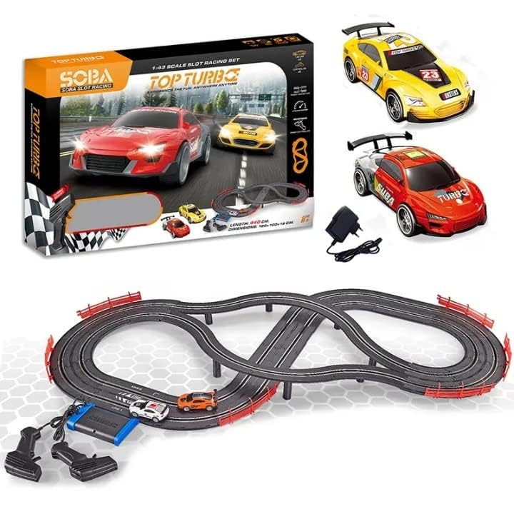 KENAYO ENTERPRISE Slot Car Set,Racing DIY Race Track Electric Slot Game 1:43 Slot Track Racing Car with Headlights and Dual Racing, Race Car Track Sets with 2 Hand Controllers (440CM)