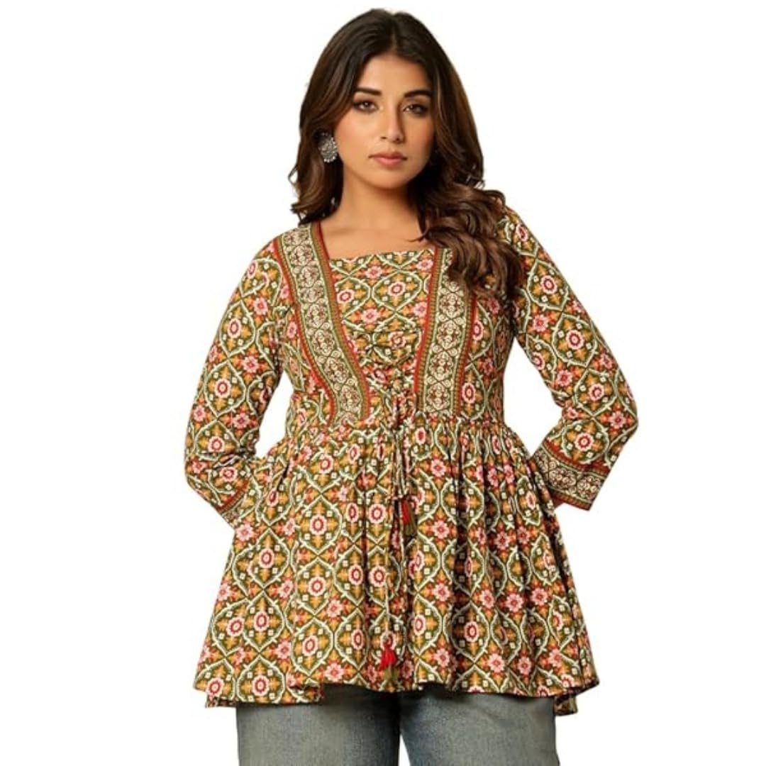 yuvvik Women's Navy Blue Cotton Top | Geometric Printed Short Kurti Style Shirt | Stylish for Ladies | Peplum-Inspired Regular Fit Cotton Frock Top-picture-29