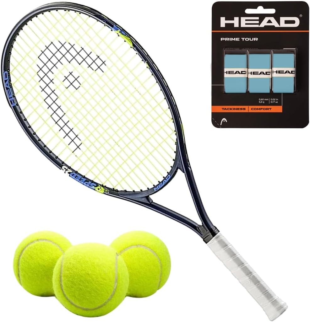 Head Speed 25 Inch Junior Tennis Racquet Bundled with Balls and Overgrips in Your Choice of Color – Optional Tennis Bag
