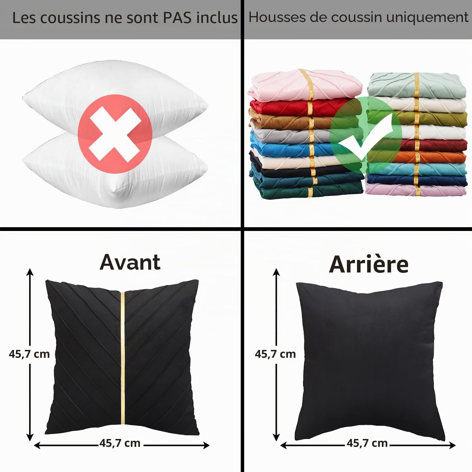 Tosleo Lot de 2 Housses de Coussin décoratives Modernes en Velours Noir avec Cuir doré, pour Salon, Chambre à Coucher, canapé, lit (45 x 45 cm, Noir)