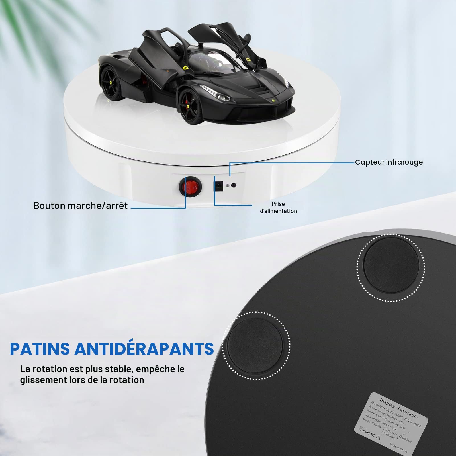 Plateau Tournant Electrique, VAYOTOY Rechargeable Plateau Tournant 100 kg de Charge 30cm de Diamètre Presentoir tournant Electrique avec Télécommande Direction de Vitesse Réglable pour Photographie