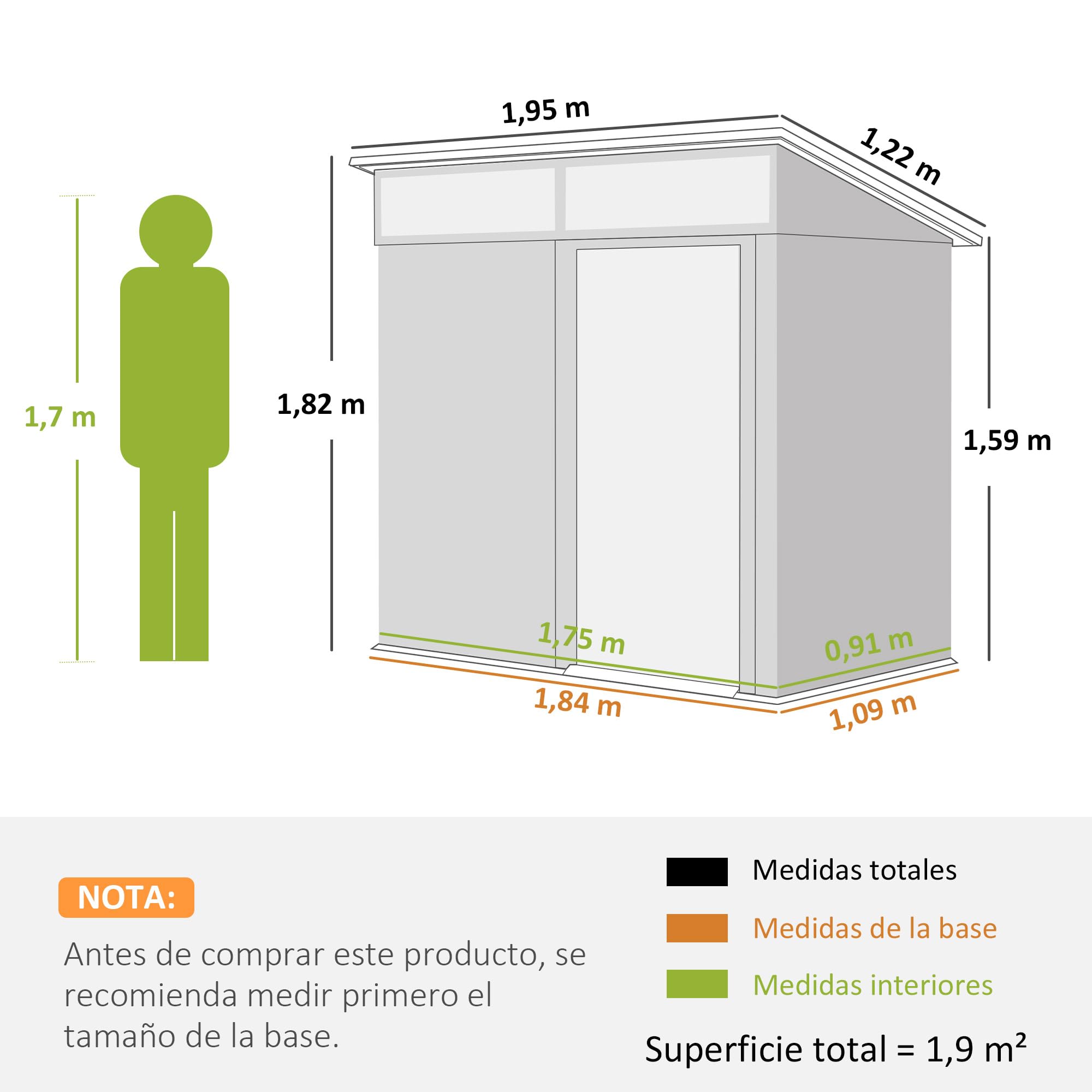 Outsunny Caseta de Jardín Exterior 1,9m² 195x122x182 cm Marrón | Cobertizo de Jardín Exterior, Base Refuerzo, Suelo NO Incluido, Puerta Corredera, Ventanas, para Patio