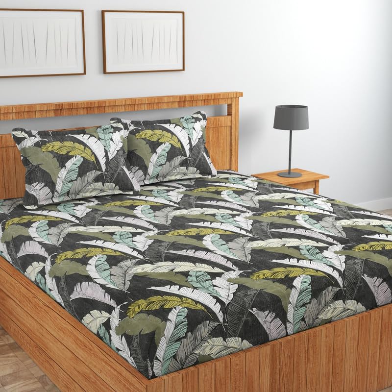 Image of NHD HOME Premium Cotton Flat Double Bedsheets with 2 King Size Pillow Covers | Double Bed Breathable | Wrinklefree | Ultrasoft 220 tc Supersoft Floral | 90x90 Inches, Grey & White