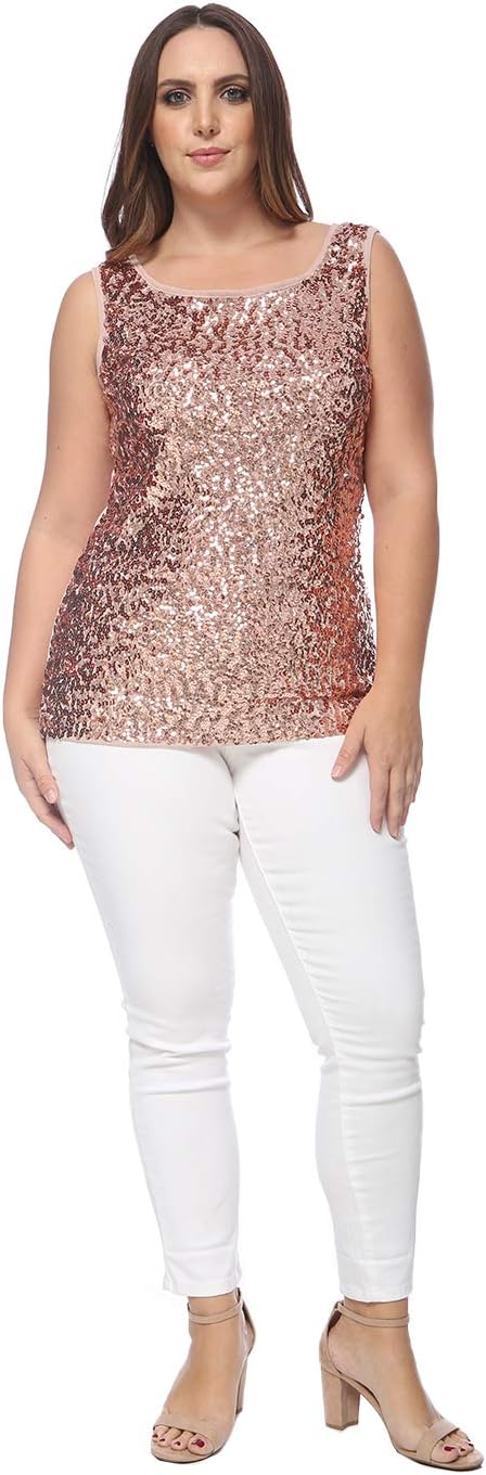 Anna-Kaci Women's Plus Size Sleeveless Round Neck Sequin Embroidered Metallic Tank Top - Image 5