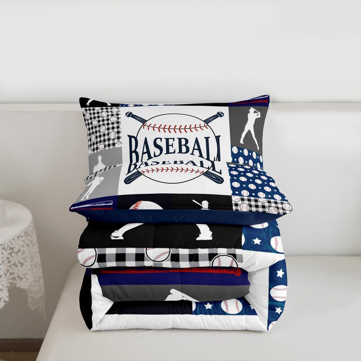 Erosebridal Kids Baseball Comforter Set Full Size Bed,Teen Boys Sports Bedding Sport Quilt Patchwork Geometric Checkered Soft Lightweight Balck White Navy Blue 2 Pillowcases