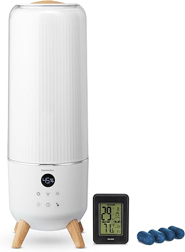 Homedics Peggy - Humidificador ultrasónico de 1.47 galones para dormitorios, oficinas en casa o guardería, color blanco + monitor de humedad