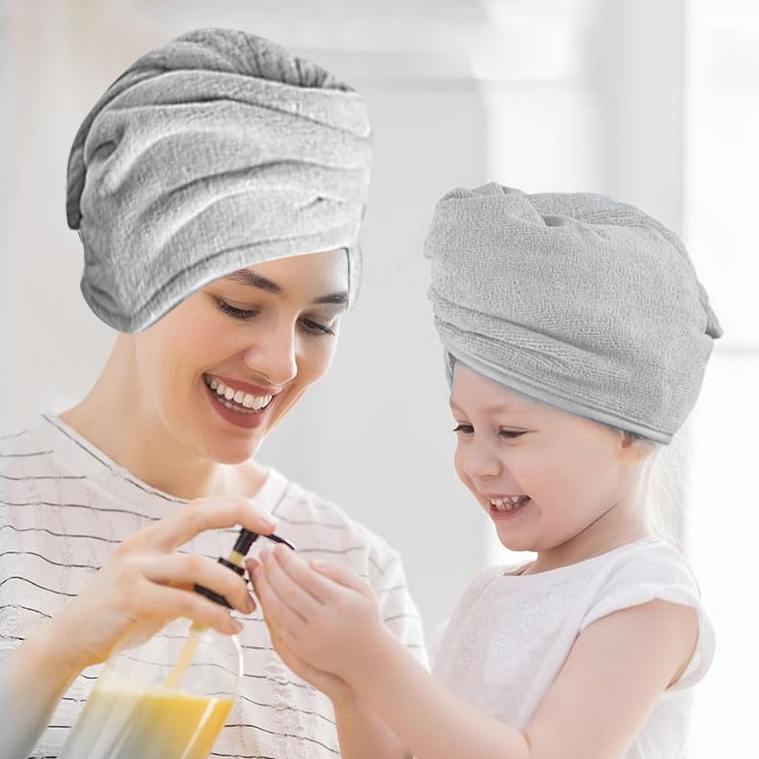 Mikrofaser Haarturban Turban Handtuch mit Knopf Schnelltrocknend Haarhandtuch Haar Handtuch Kopfhandtuch Microfibre Hair Towel für Alle Haartypen Grau