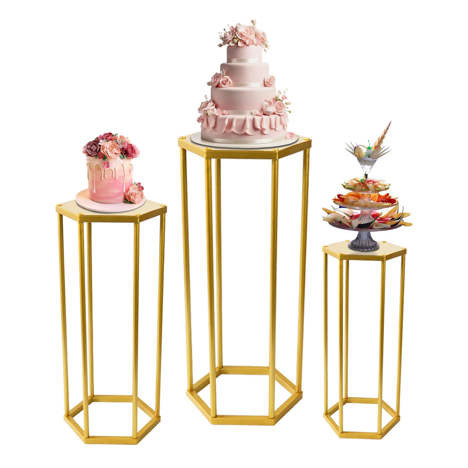 Hexagonal Cylinder Party Pedestal Set of 3 Living Room Nesting Display Wedding Cake Stands Gold Metal Flower Stand for Anniversary Birthday Parties Home Patio Decoration