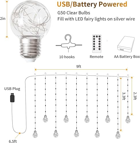 Miniatura 6 de Wish - Cortina de luces de bola de 200 luces LED para ventana, cortina de guirnalda de luces parpadeantes con USBbatería, para telón de fondo de