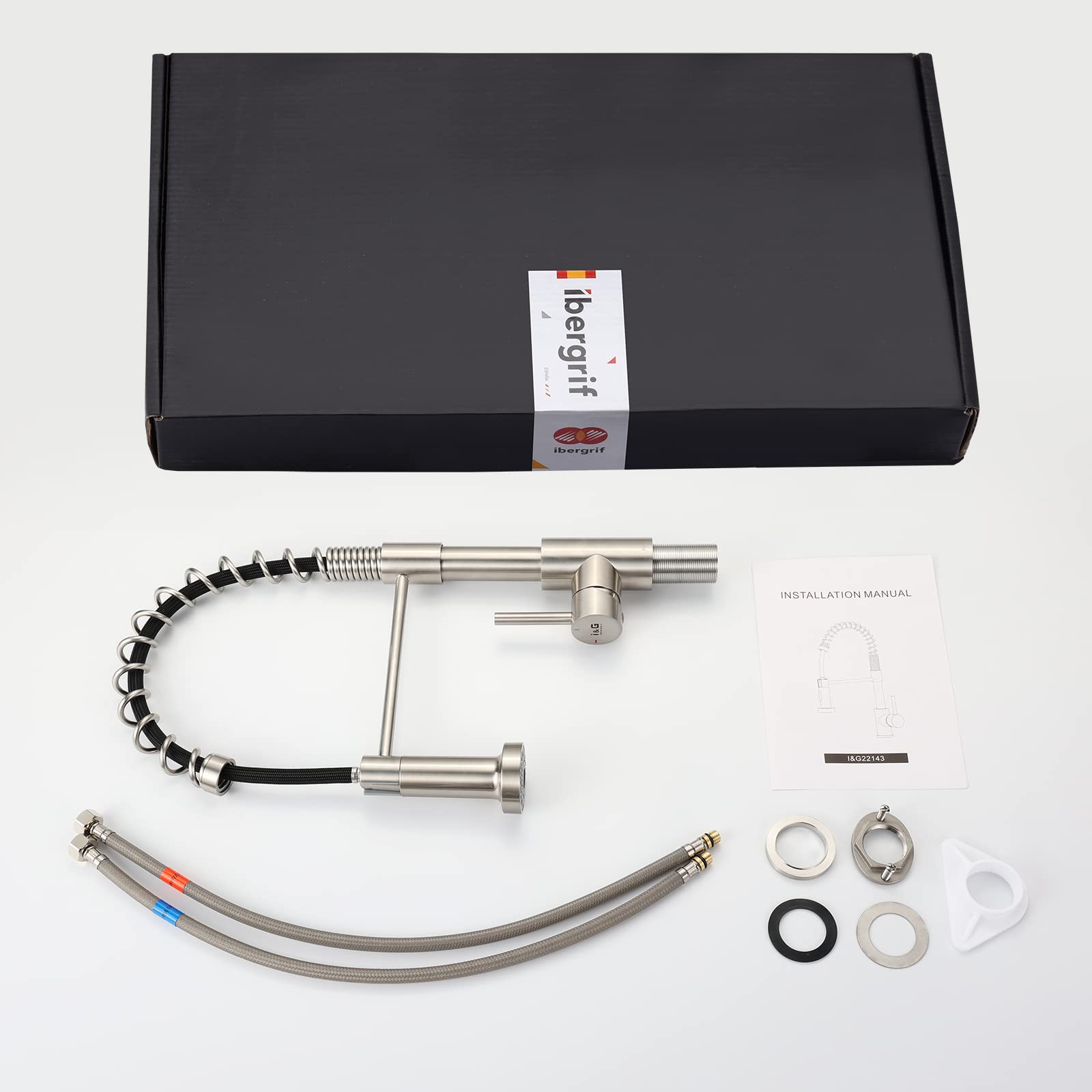Ibergrif M22143A Wyjmowana i wysuwana bateria kuchenna – stal nierdzewna 304, obrót o 360°, 2 tryby pracy (strumień/przepływ), wąż 40 cm, szybki montaż, pojedyncza dźwignia