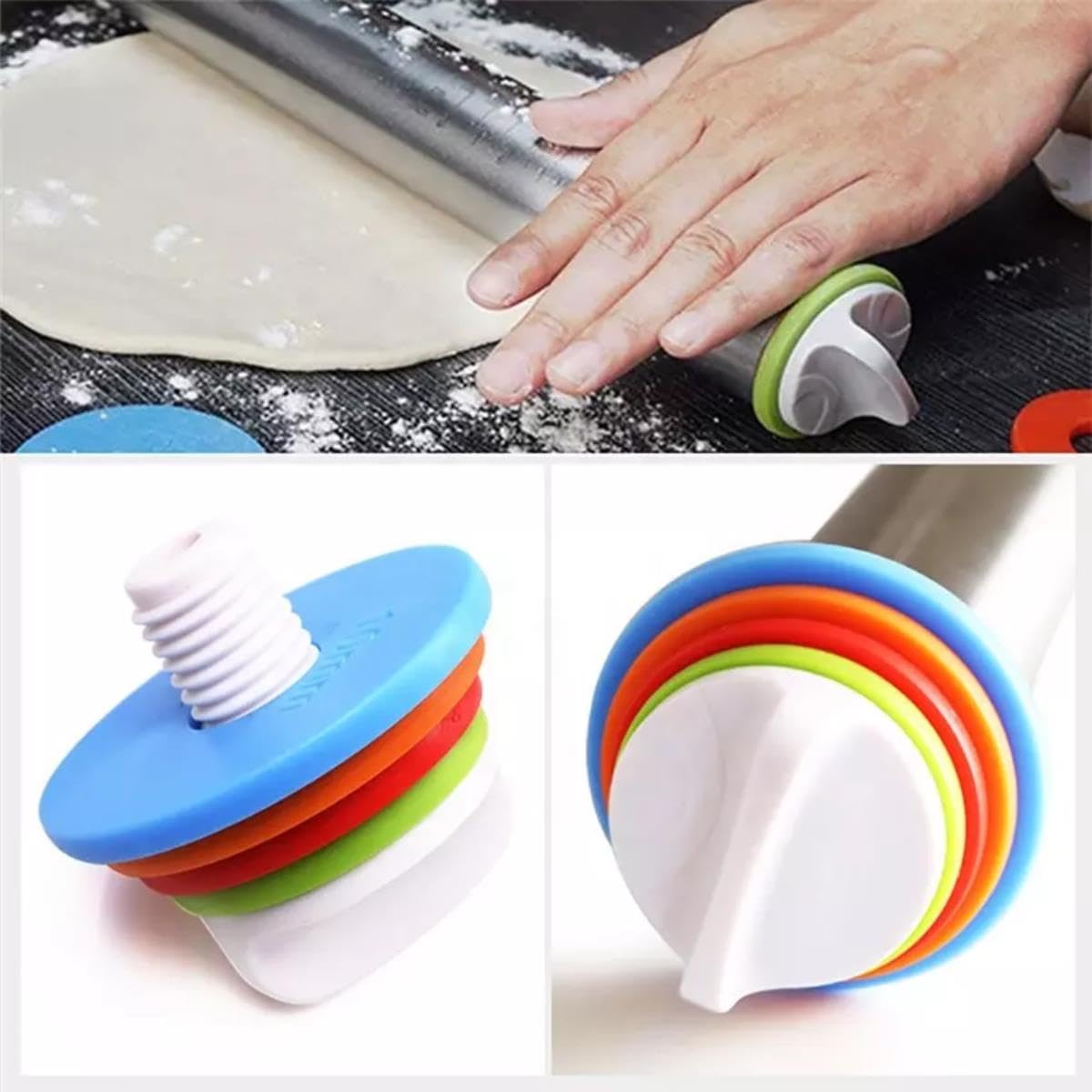 Juego de rodillos y alfombrillas de silicona para hornear pasteles, rodillo de masa de acero inoxidable, rodillos con anillos de espesor ajustables-traje