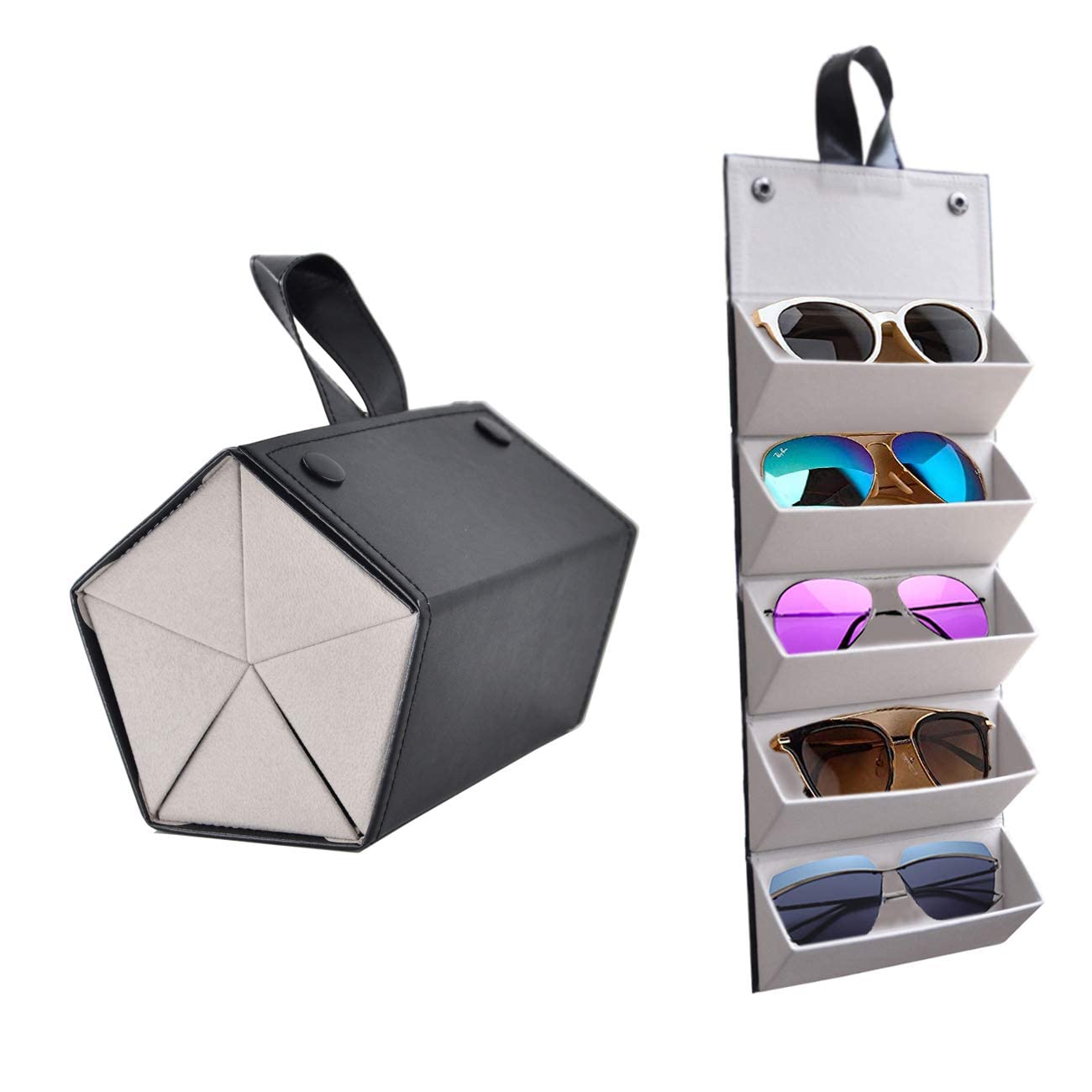KaressoriesPortable Foldable Sunglasses Storage Box, 5 Slots Sunglasses Organizer, Multiple Pairs of Travel Glasses Case,Eyewear Display Containers