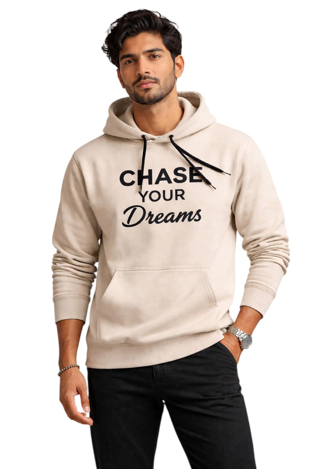 Chase Your Dreams Printed Hoodie, Beige, Full Sleeves, Soft Fleece Fabric-image-3