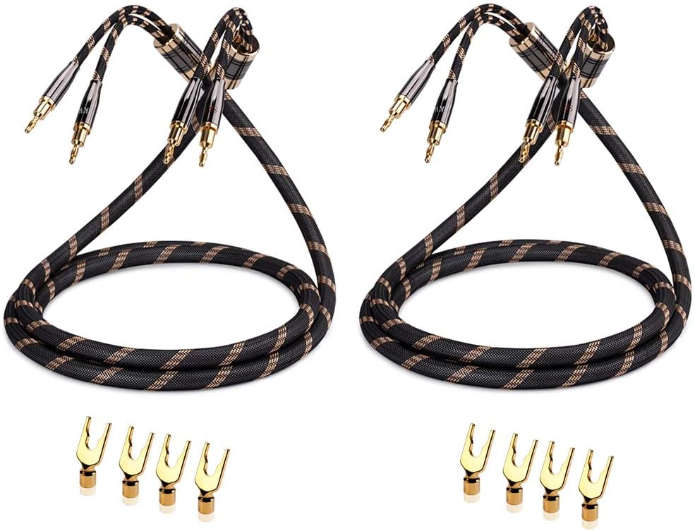 SKW A Pair Audiophile Speaker Cable,Convertible Banana Spade Gold Plated Connector,Nylon Braid,HiFi Quality Cable(4.9ft/1.5M,2 Cables for 2 Speakers)