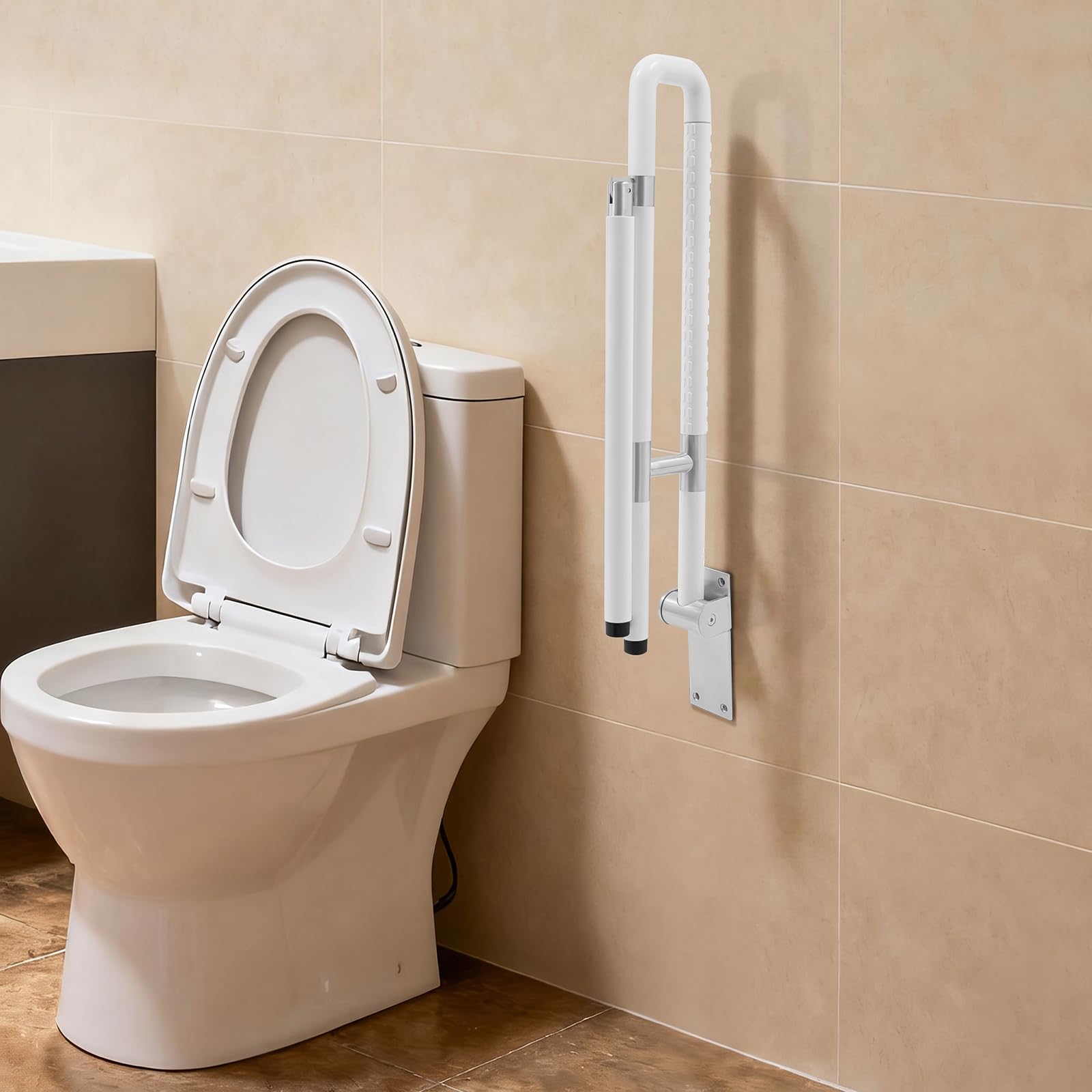 Barra de apoyo de baño abatible, mango de seguridad para inodoro de pared de nailon y acero inoxidable, soporte plegable antideslizante de carga 300 kg, para inodoro de ducha de casa