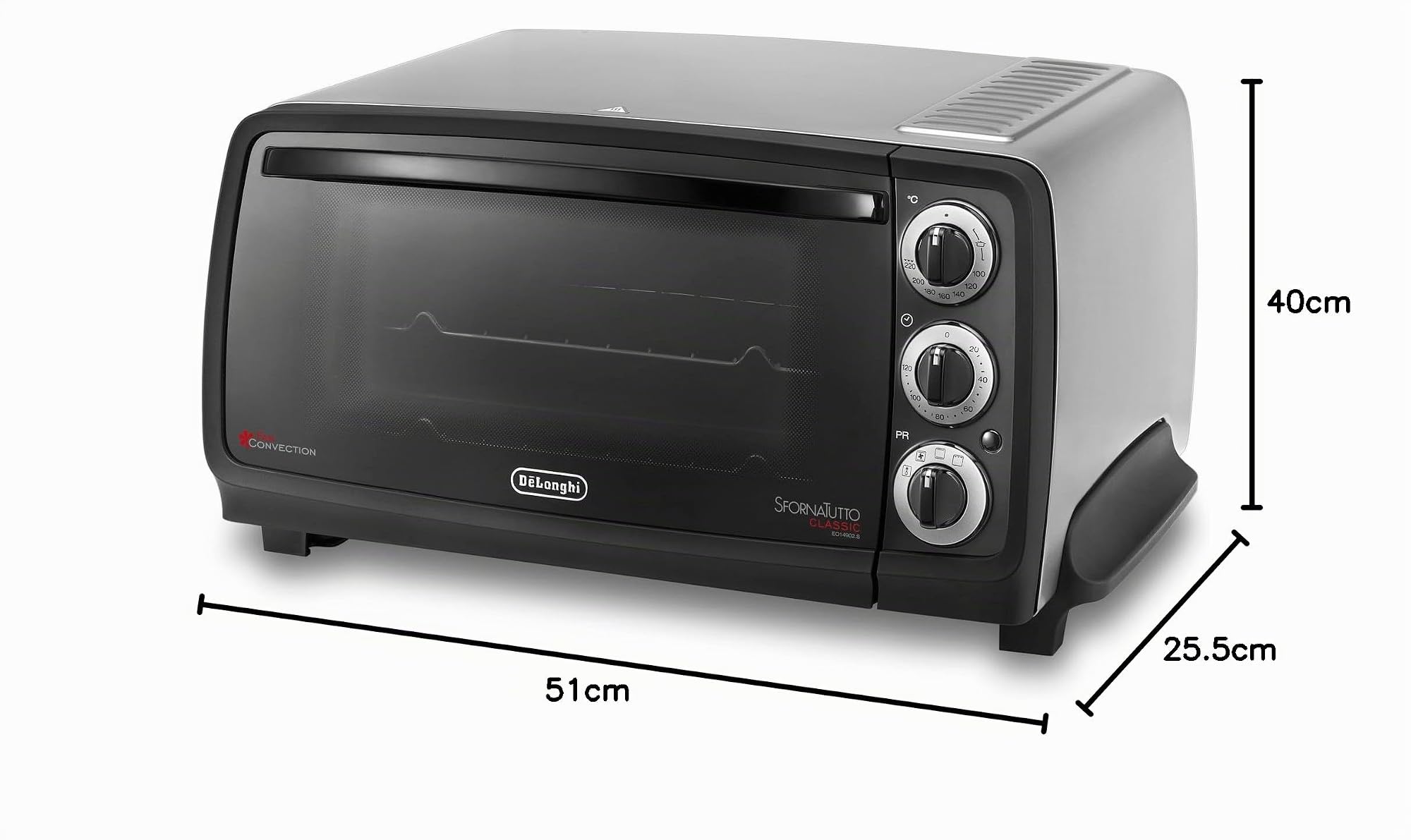 De'Longhi EO14902.S - EO14902.S - Four électrique avec arrêt automatique, thermostat réglable, 5 fonctions de cuisson, lumière intérieure, minuteur, friteuse à air, argent, lxpxa 52 x 41 x 26 cm