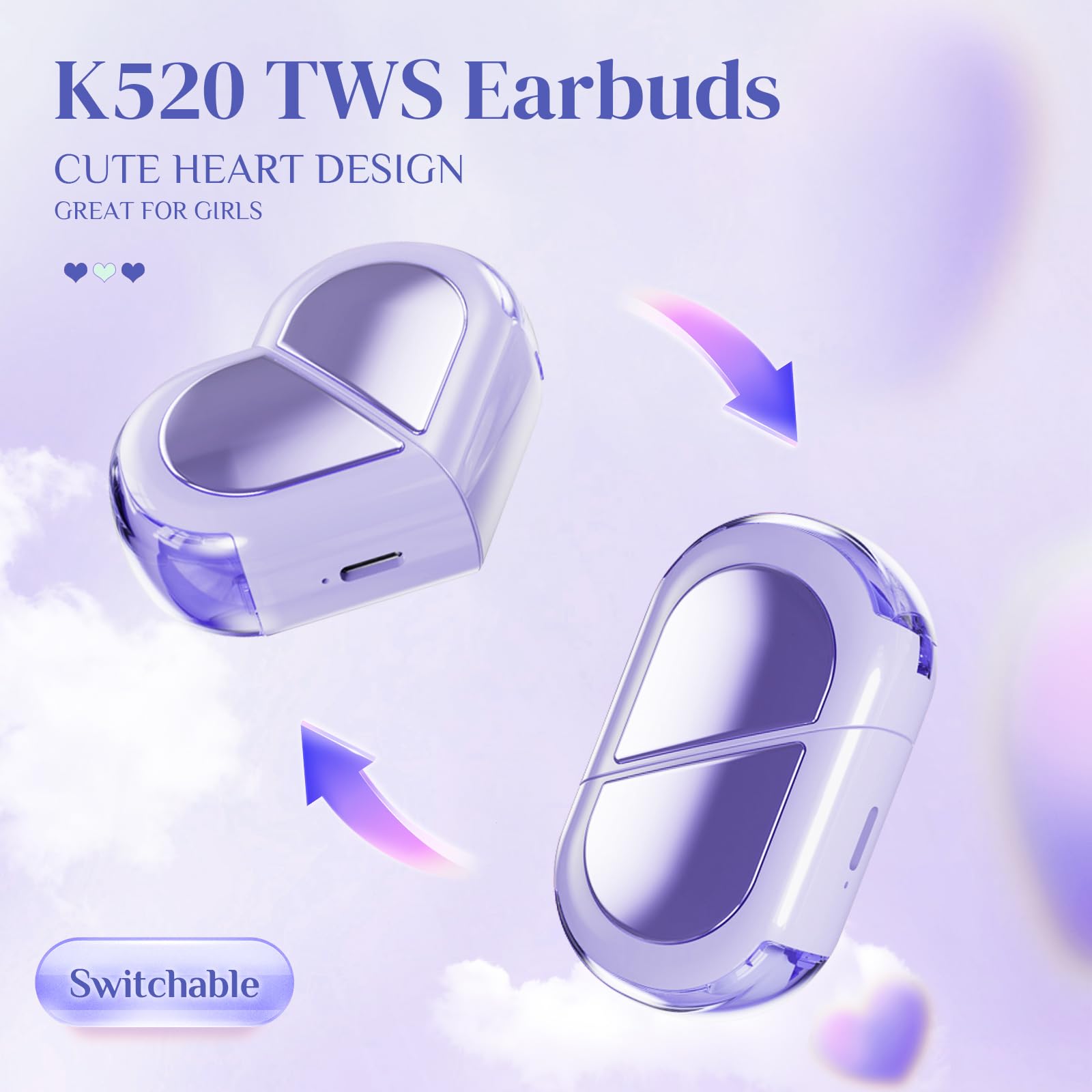 Auriculares inalámbricos de corazón morado para niñas y niños, lindos auriculares invisibles pequeños inalámbricos Bluetooth para orejas pequeñas, canales de oídos, mujeres, oro rosa, azul