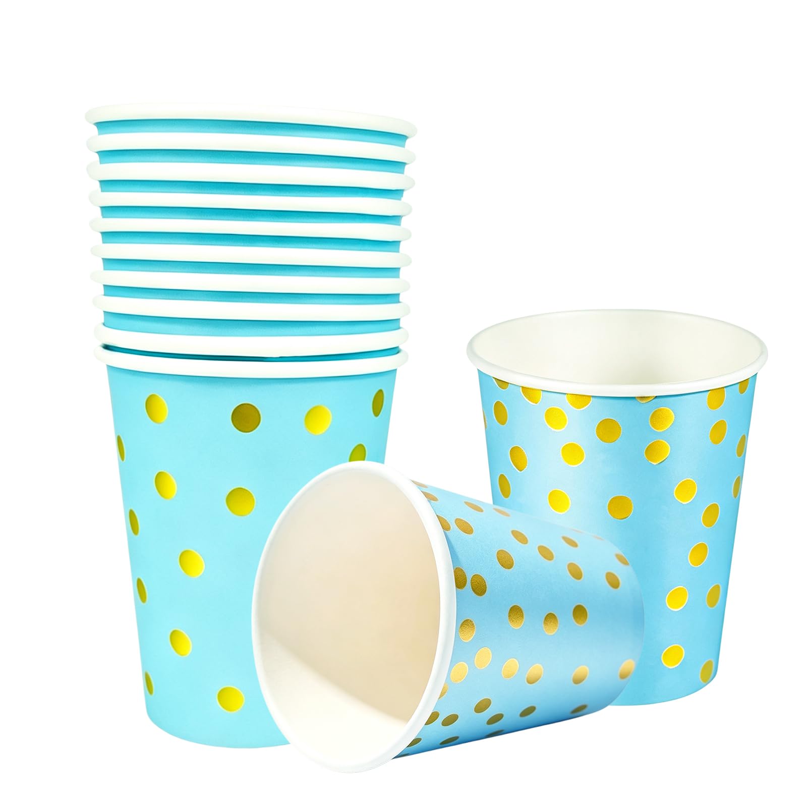 40P Baby Blue Disposable Paper Cups,Blue Gold Foil Polka Dots Party Cup
