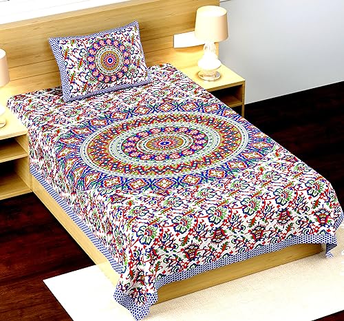 Image of RajasthaniKart Pure 100% Cotton Single Bed Sheet with 1 Pillow Cover (Bedsheet for Single Bed Cotton, Blue Ghera)