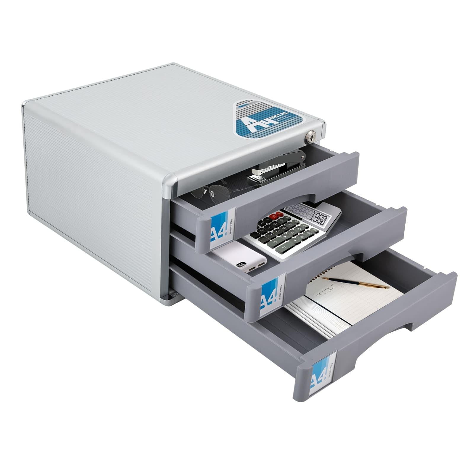 Organizzatore da scrivania in lega di alluminio a 3 livelli, scatola di immagazzinaggio file con cassetti e chiavi, bloccabile, ideale per riporre forniture per ufficio