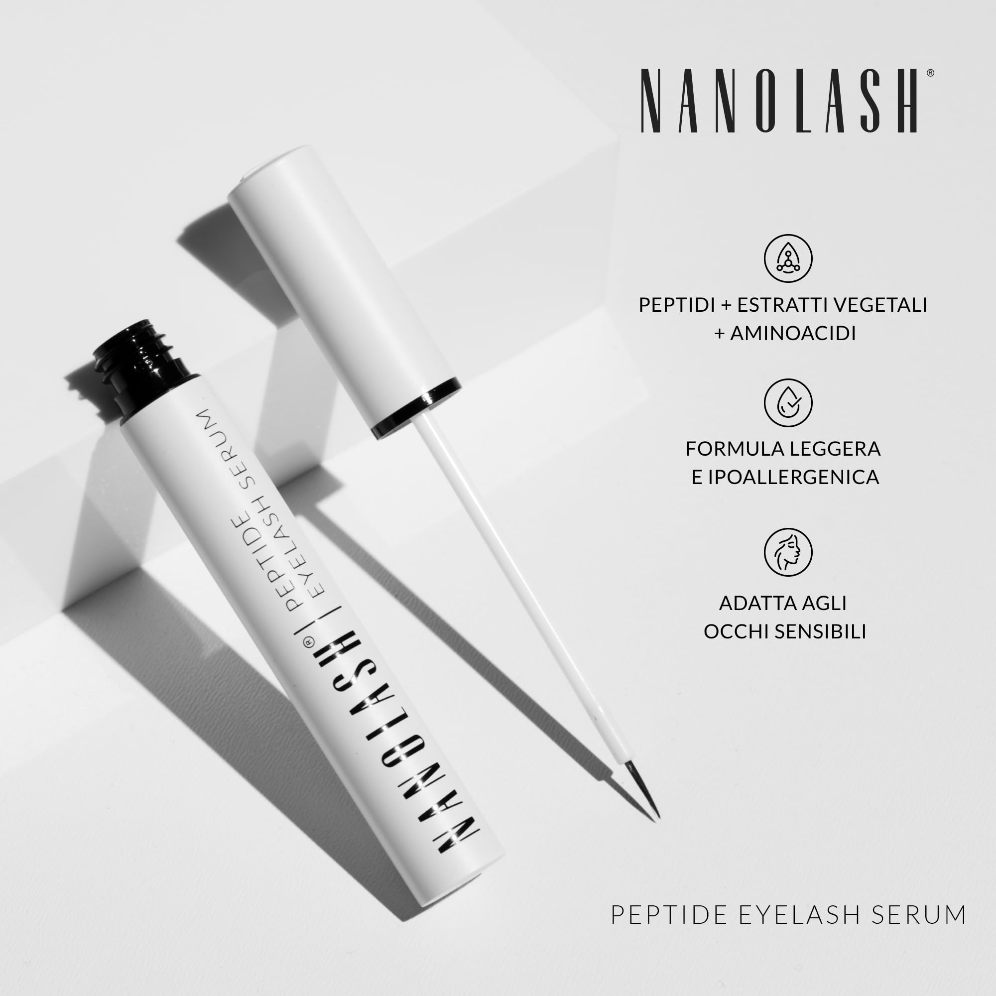 Nanolash Siero Peptidico per Ciglia, 5 ml - Allungante e Rafforzante, Unisex, Chiaro