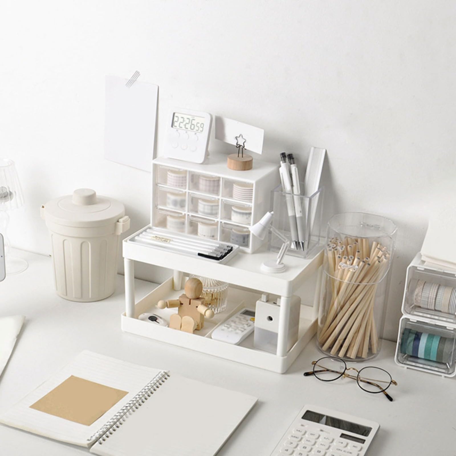Doppelschichtiges Schreibtisch-Aufbewahrungsregal, abnehmbares Kunststoff-Organizer-Regal für Kosmetik, Schreibwaren, Büro, Wohnheim, Schlafzimmer, weiß, 28 x 185 x 15 cm