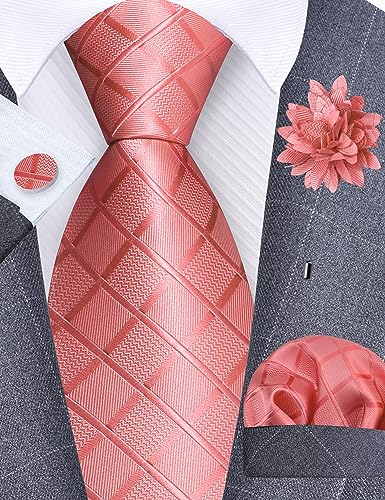 Image of GUSLESON 3.15 inch(8cm) Mens Tie and Lapel Pin Plaid Checkered Necktie Hankerchief Cufflinks Set for Men