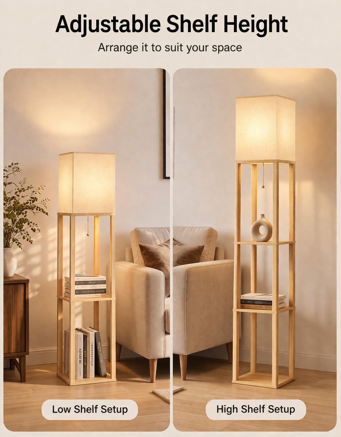 OUTON Stehlampe Holz mit Regal, 158 cm Stehleuchte, 3 Ablagen | 3 Farbtemperaturen, 9W E27 LED-Leuchtmittel, Stoffschirm für Wohnzimmer, Schlafzimmer, Büro, Flur, Gästezimmer