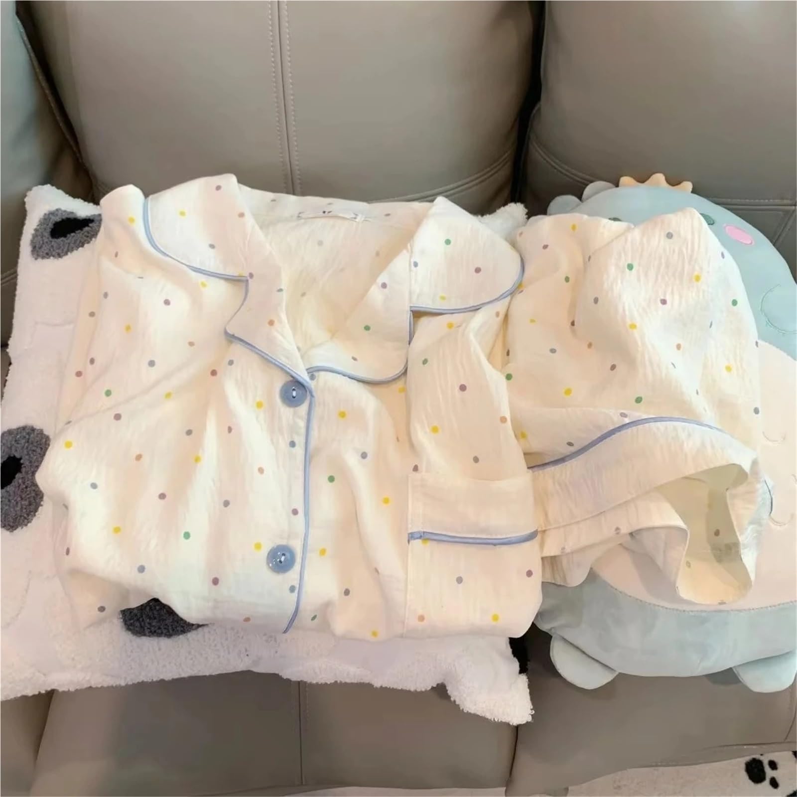 Conjunto de Pijama algodón con Estampado Lunares for Mujer, Conjunto 2 Piezas Top y Pantalones Cortos Manga Corta, for el hogar Informal cómodo para Descanso en casa