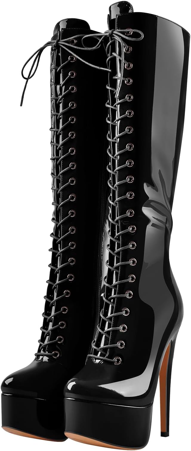 Yolkomo Women's Over The Knee Pull On Buckle Stiletto Heeled Lace Up Boots
