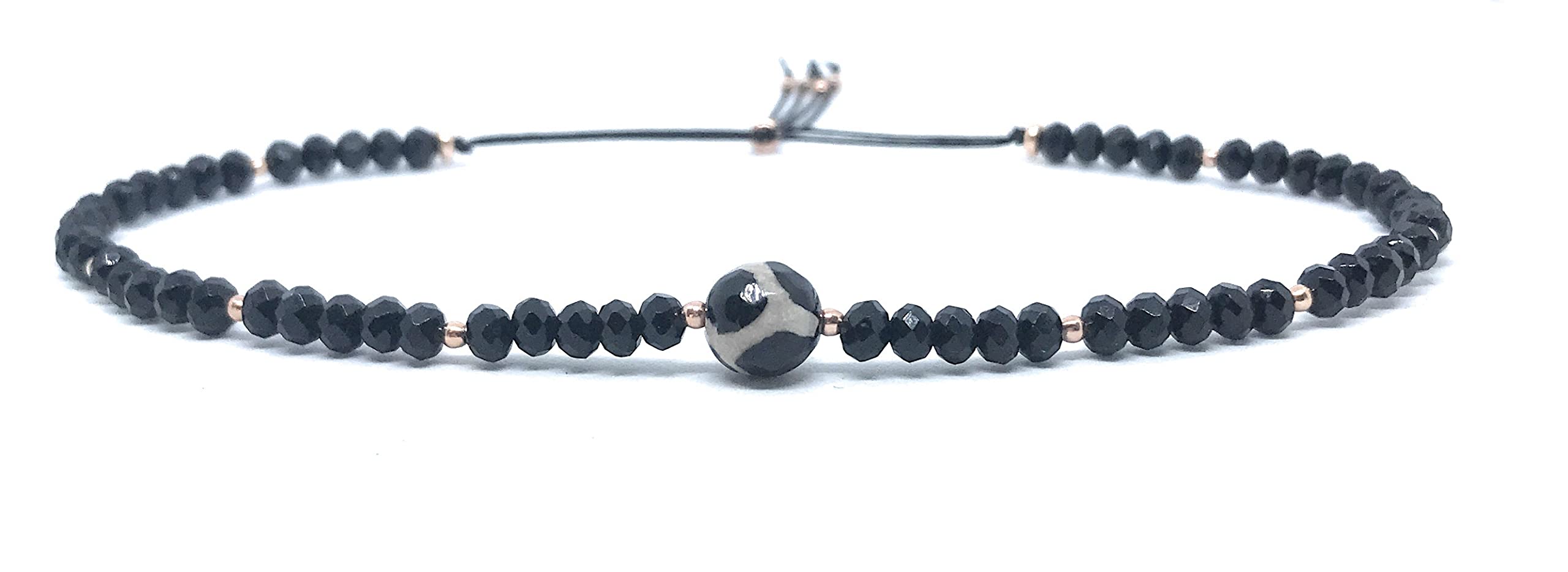 Tobillera de hilo Talismán tibetano Dzi agata Piedra natural Espinelas negras Plata de primera ley 925 chapada en Oro rosa