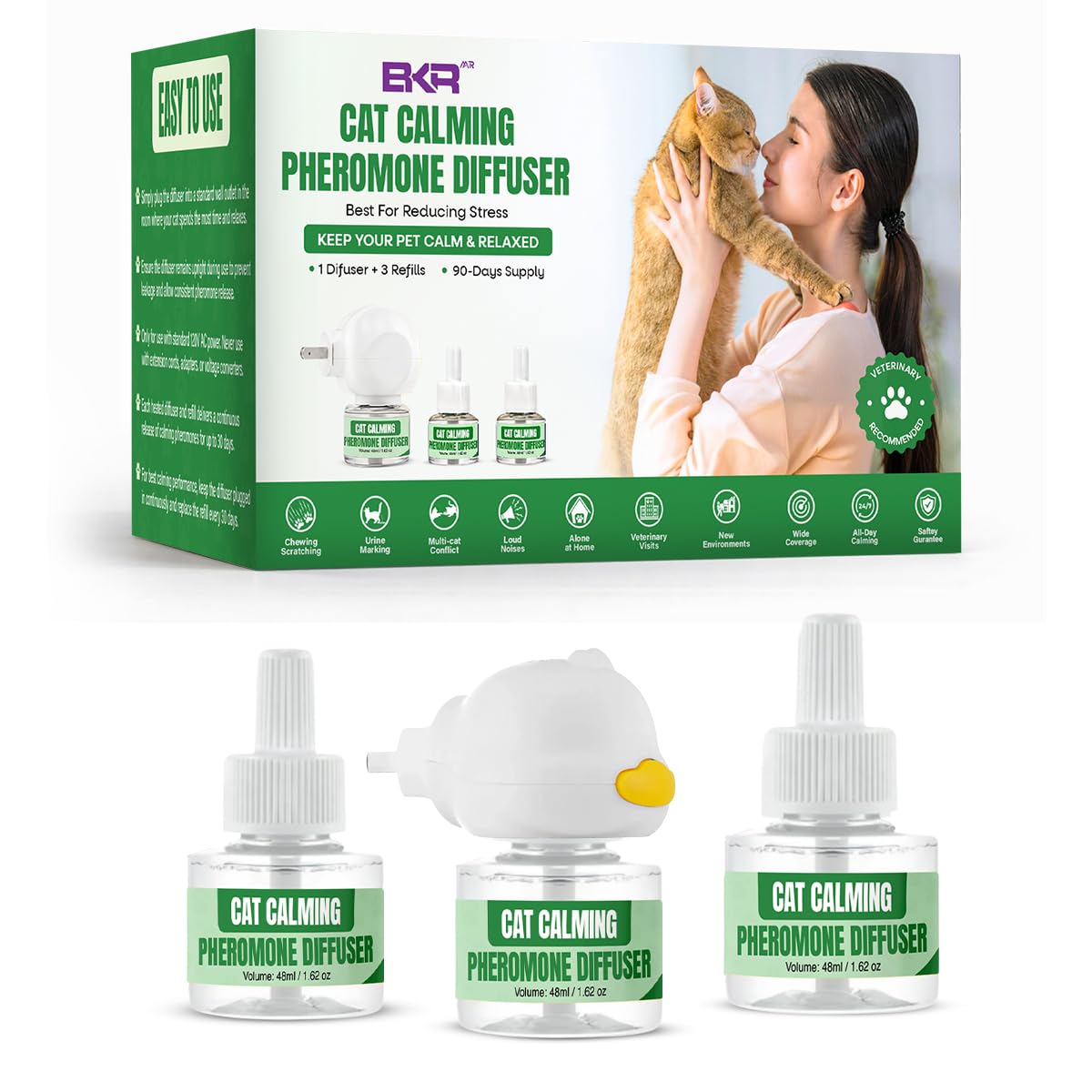 Cat Calming Diffuser 48ml Cat Calming Refill for Pheromone Diffuser Vet-Recommended Diffuser Refill for Cat to Reduce Anxiety, Fighting, Aggression, Scratching Cat Pheromone Diffuser (3 Pack)
