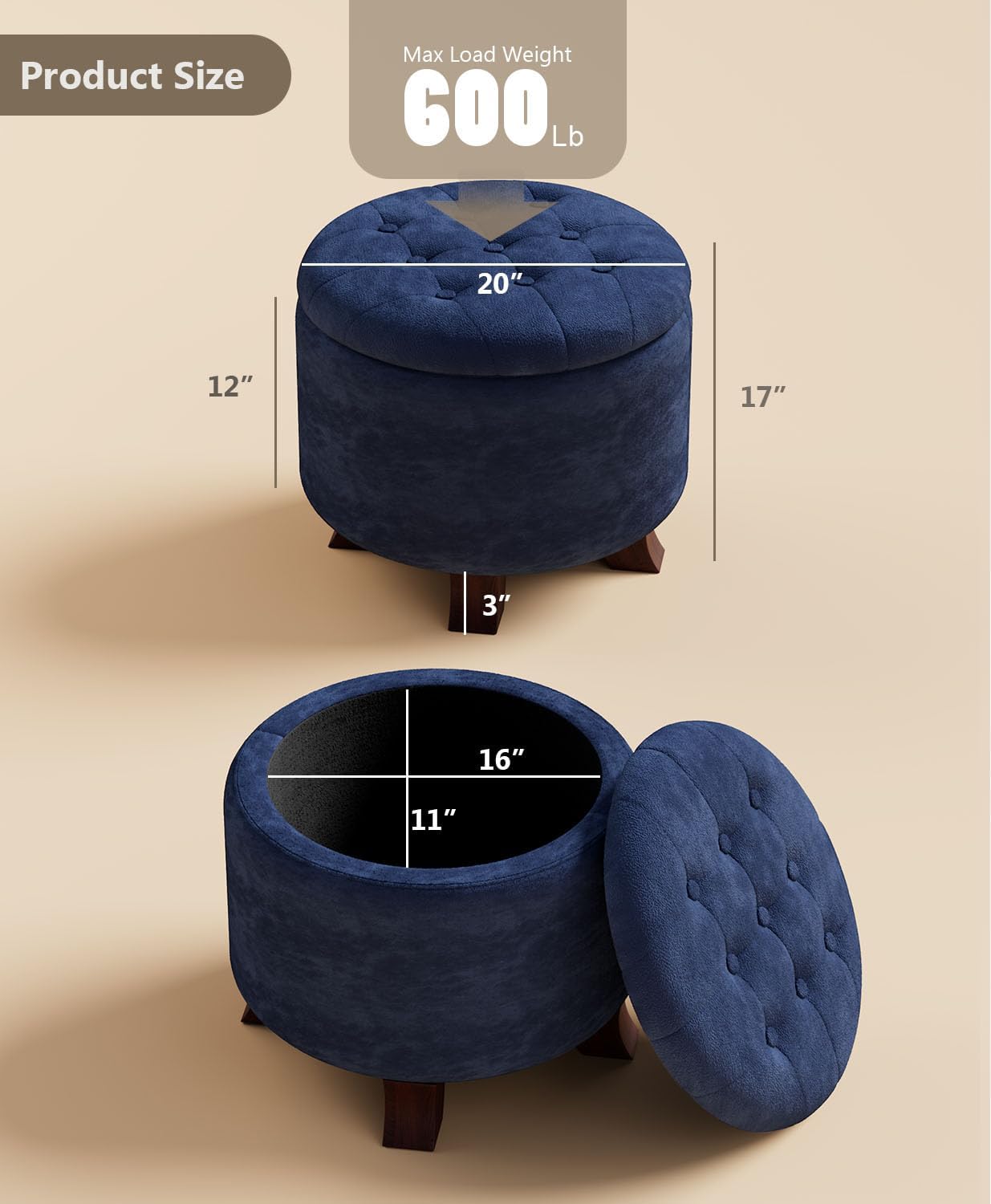 Ottoman,Round Foot Rest Stool, Upholstered Small Ottoman Chair with Storage for Living Room & Bedroom, Decorative Home Furniture, Navy Blue