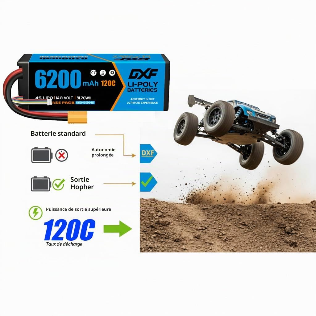 DXF Lot de 2 batteries LiPo 4S 14,8 V 6200 mAh 120C avec prise XT90 pour voiture RC 1:8 1:10 RC voiture buggy camion course hors route moteur sans balais modélisme haute performance crawler bashing