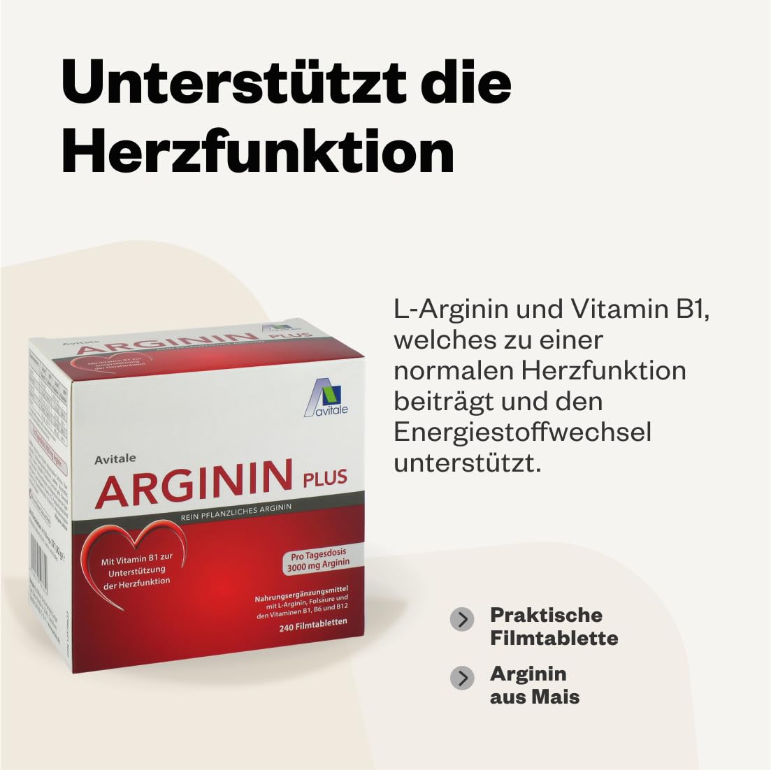 Avitale Arginin plus Tabletten mit 3000 mg rein pflanzlichem Arginin, Vitamin B1, B6, B12 und Folsäure, 240 Tabletten
