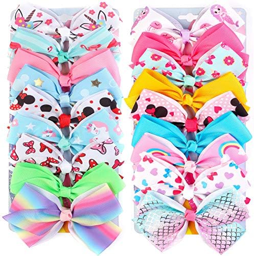 18pcs 5" Hair Bows for Girls Alligator Clips Unicorn Rainbow Grosgrain Ribbon Big Bows Clips Hair Accessories for Infants Toddlers Kids Teens