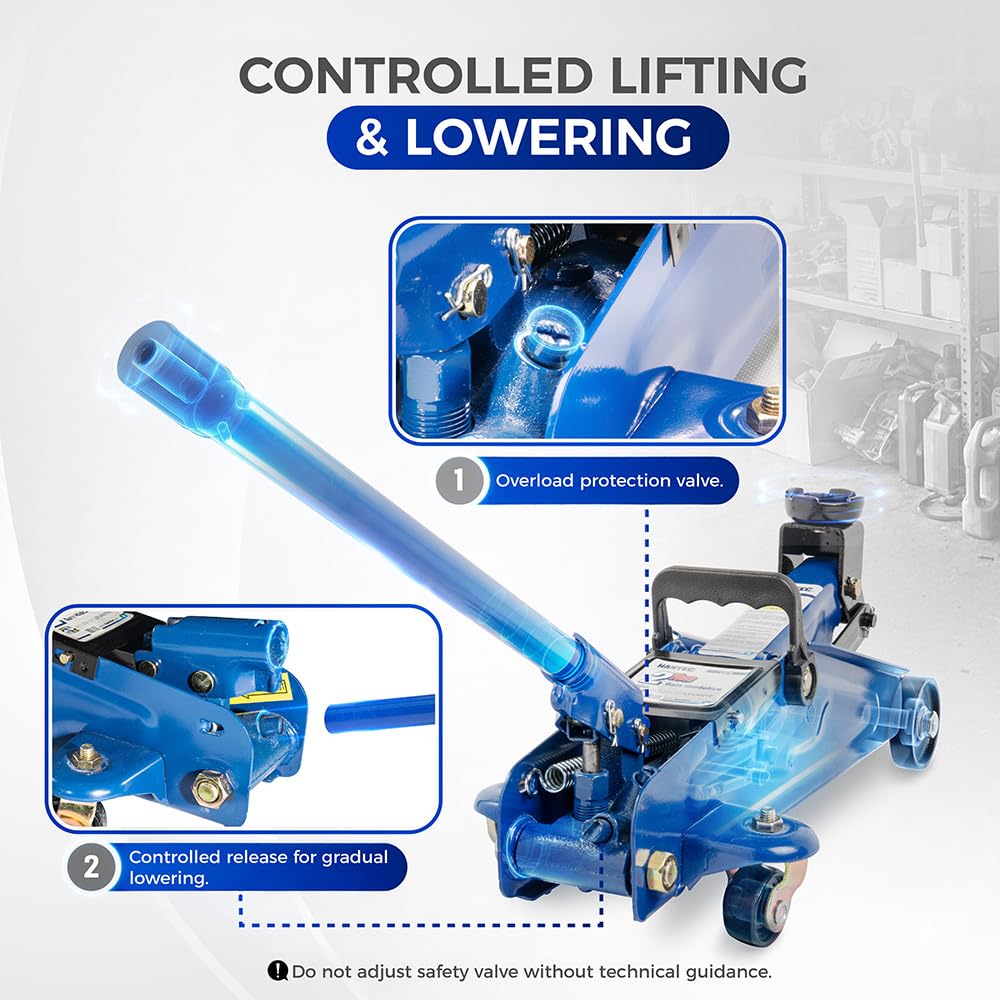 Hantec Hydrauliczny podnośnik podłogowy o pojemności 2 tony, podnośnik z zaworem bezpieczeństwa, kołami obrotowymi i twardą walizką, udźwig 2 kg, niebieski